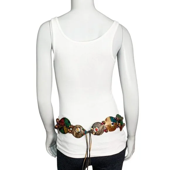 HANDPAINTED Leather, Coconut, Wood and Beaded Tie Belt